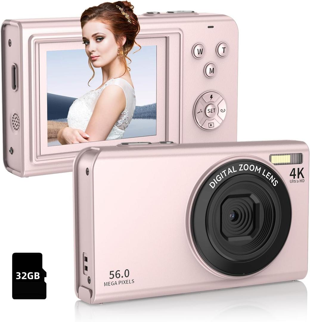 Twylyte Digital Camera,56MP FHD 1080P with 16X Digital Zoom & Anti-Shake, 2.8" Screen Compact Point and Shoot Camera for Kids Teens Beginners, Includes 32GB SD Card, Portable for Travel Photography (Pink)