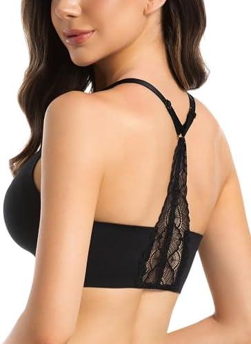 Lusait Lace Bralettes for Women Full Coverage Sexy No Underwire Deep V Racerback Bra Comfort Padded Bras Size M