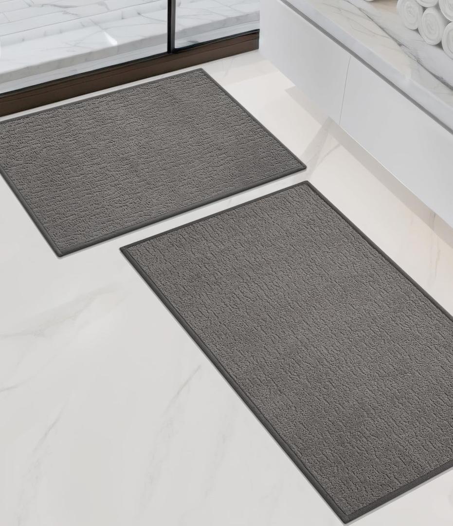 Chakme 2 Piece Bathroom Rug Sets, Ultra Thin Bath Mat Quick Dry, Absorbent, Non Slip, Machine Washable, Dark Grey, 17" x 24"