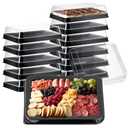 Tessco 12 Pcs Plastic Serving Trays with Lids Disposable Catering Trays 12.4 x 9.45 x 2.76 Inch Reusable Plastic Party Platters Charcuterie Board Box with Lids for Cookie Sandwich Christmas(Black)