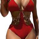 OYOANGLE Women's Ring Linked Cut Out One Piece Swimsuits Textured Tie Backless Halter Bathing Suit Monokini (Medium)