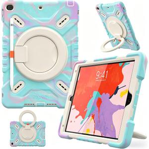 Triple Shockproof Case for iPad 9th/8th/7th Generation 10.2 inch 2021/2020/2019, Air 3rd Generation 10.5, Rugged Kid Cover with Pencil Holder/Handle Kickstand/Shoulder Strap, Colorful Blue