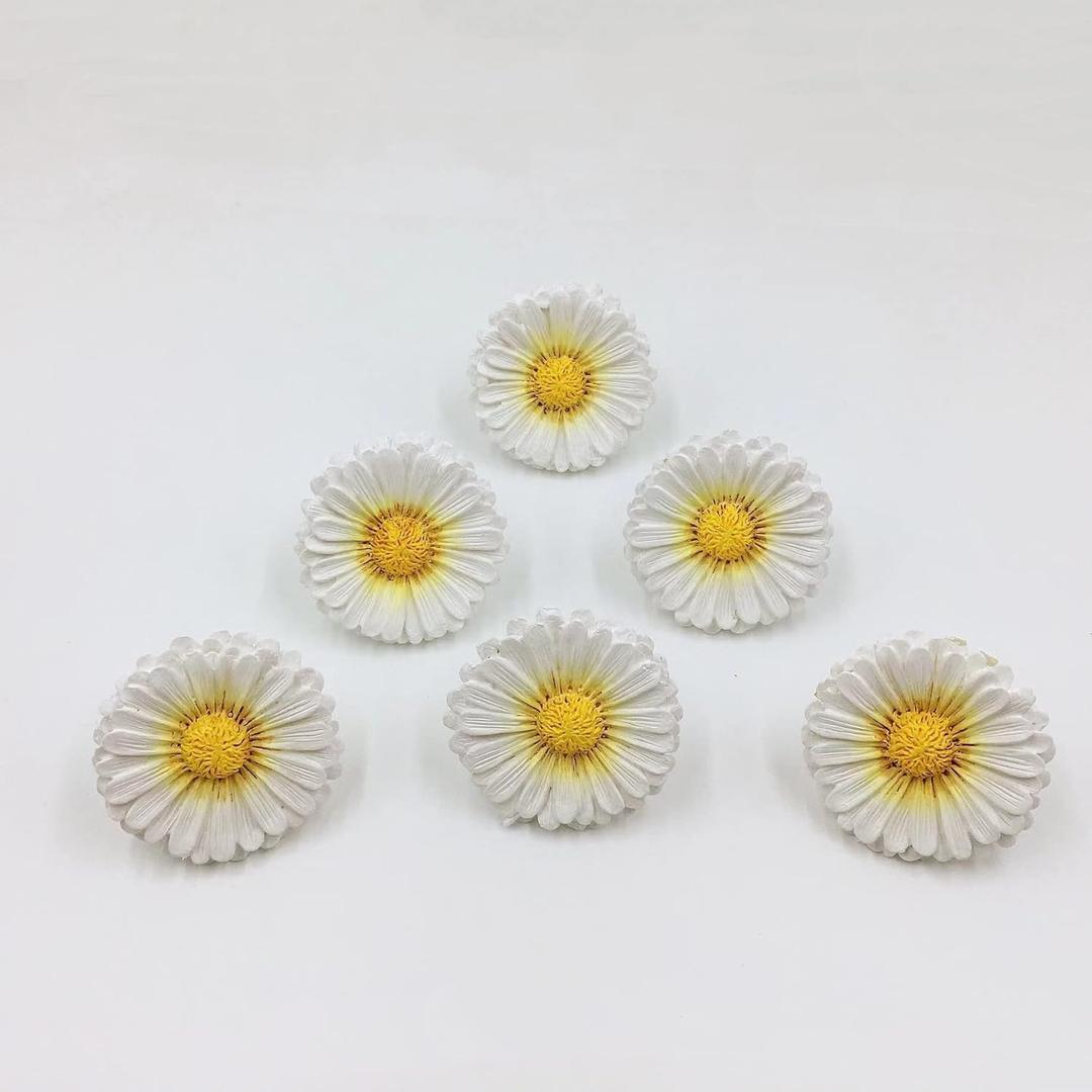 Daisy Vintage Resin Hand Painted Drawer Pulls Cabinet Knobs Handles Country Kitchen Home Decoration White Pack of 6