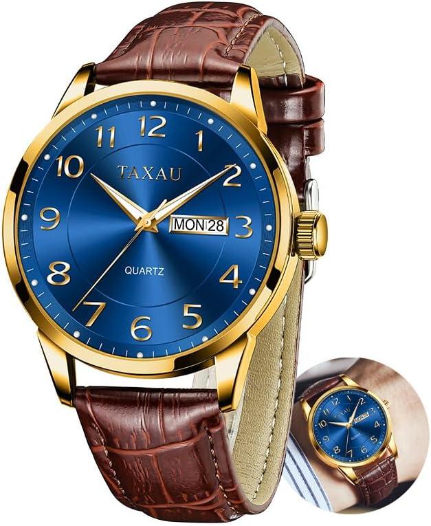 Taxau Men's Watch Big Face Easy Read Arabic Numeral Dress Watches for Men Classic Black Brown Leather Band Analog Mens Wrist Watch with Day and Date Fashion Business Waterproof Luminous Quartz Watch