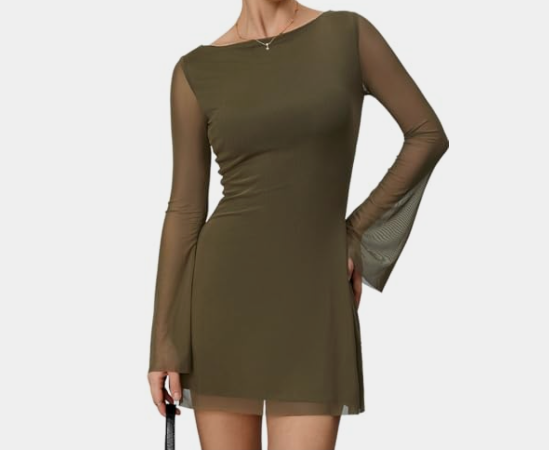 Milumia Women's Mesh Long Bell Sleeve Mini Dress Boat Neck Short Dresses ,Size S