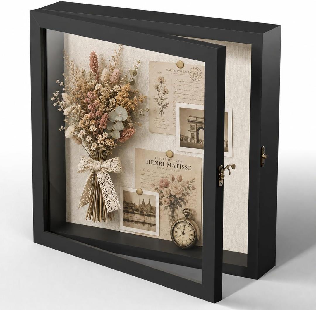12x12 Shadow Box Frame with Real Glass, Double Door Display Case