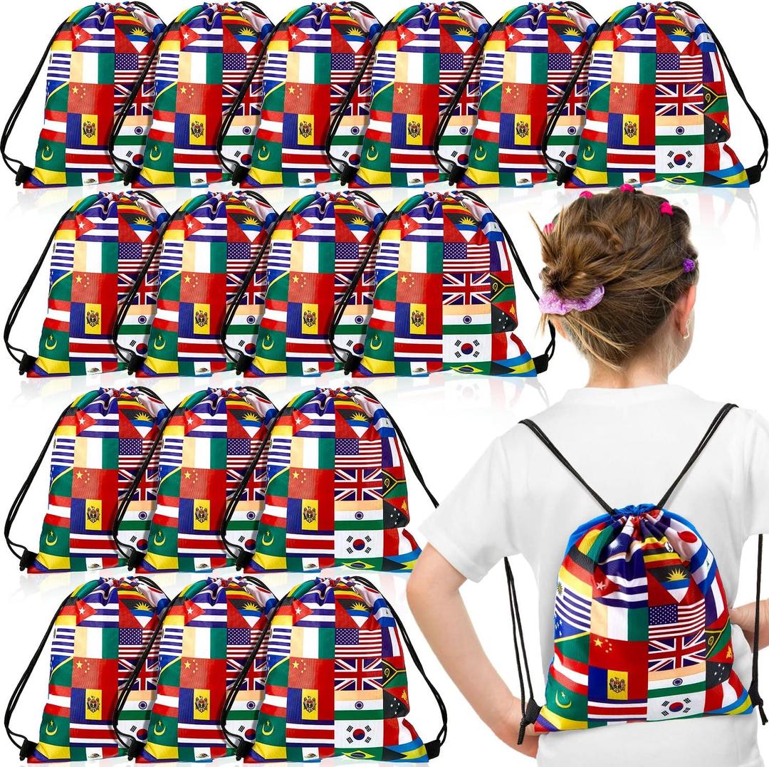 Amylove 16 Pcs International Flag Bags Party Favor Country Flags Drawstring Birthday Gift Bags for Kids Snack Candy Storage Goody Bags for Kids Birthday, Soccer Themed Party Supple 9 x 12 Inches