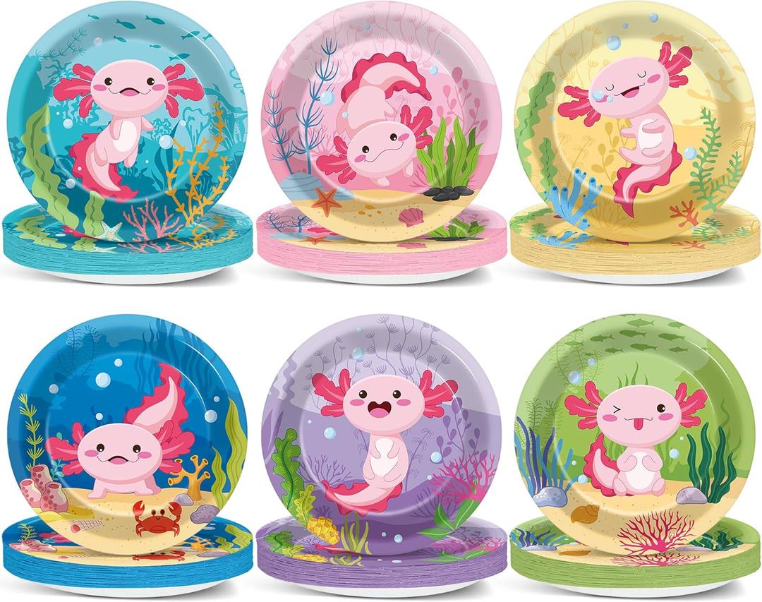 60Pcs Pink Axolotl Birthday Party Decorations Pink Axolotl Plates Cartoon Reptile Animals 7Inch Dessert Paper Plates Tableware Dinnerware for Kids Boys Girls Birthday Baby Shower Party Supplies