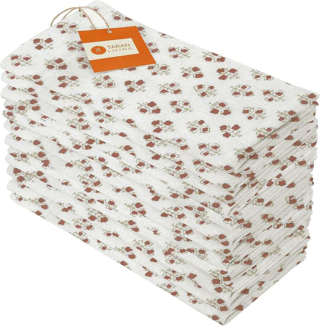 TARAN LIVING Cotton Cloth Napkins Natural Reusable Fall Dinner Napkins Reusable Machine Washable Fabric for Events, Gift, Home Decor - 18"x18" - Set of 12 (Brown Floral (Pack of 12), 18x18 Inchs)