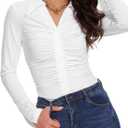 Button Shirts for Women Ruched Long Sleeve Collared Casual Dressy Tops V Neck Blouse (White, M)
