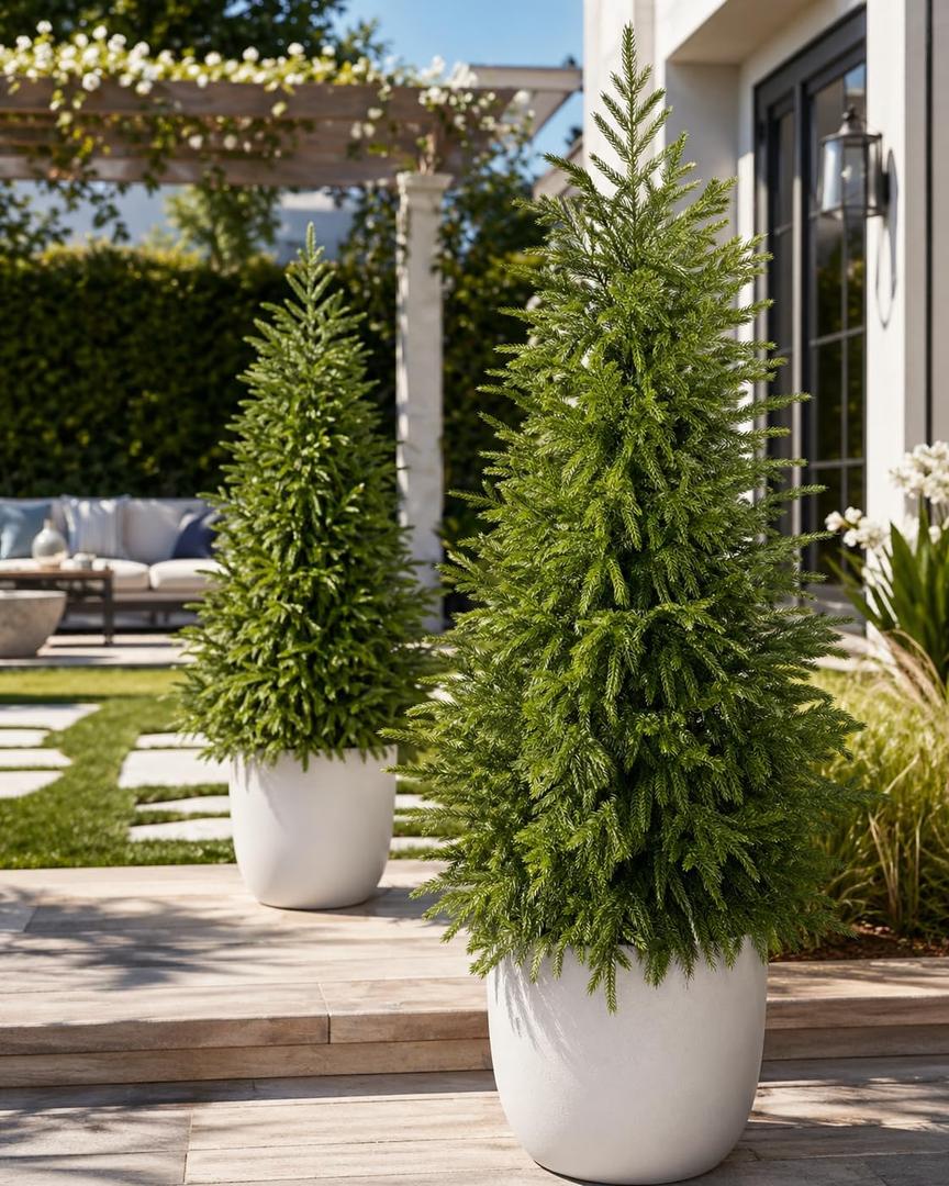 4FT Artificial Norfolk Pine Trees Set of 2, UV Resistant Artificial Outdoor Plants with Warm White LEDs and Planters for Front Porch Entryway Patio Decor