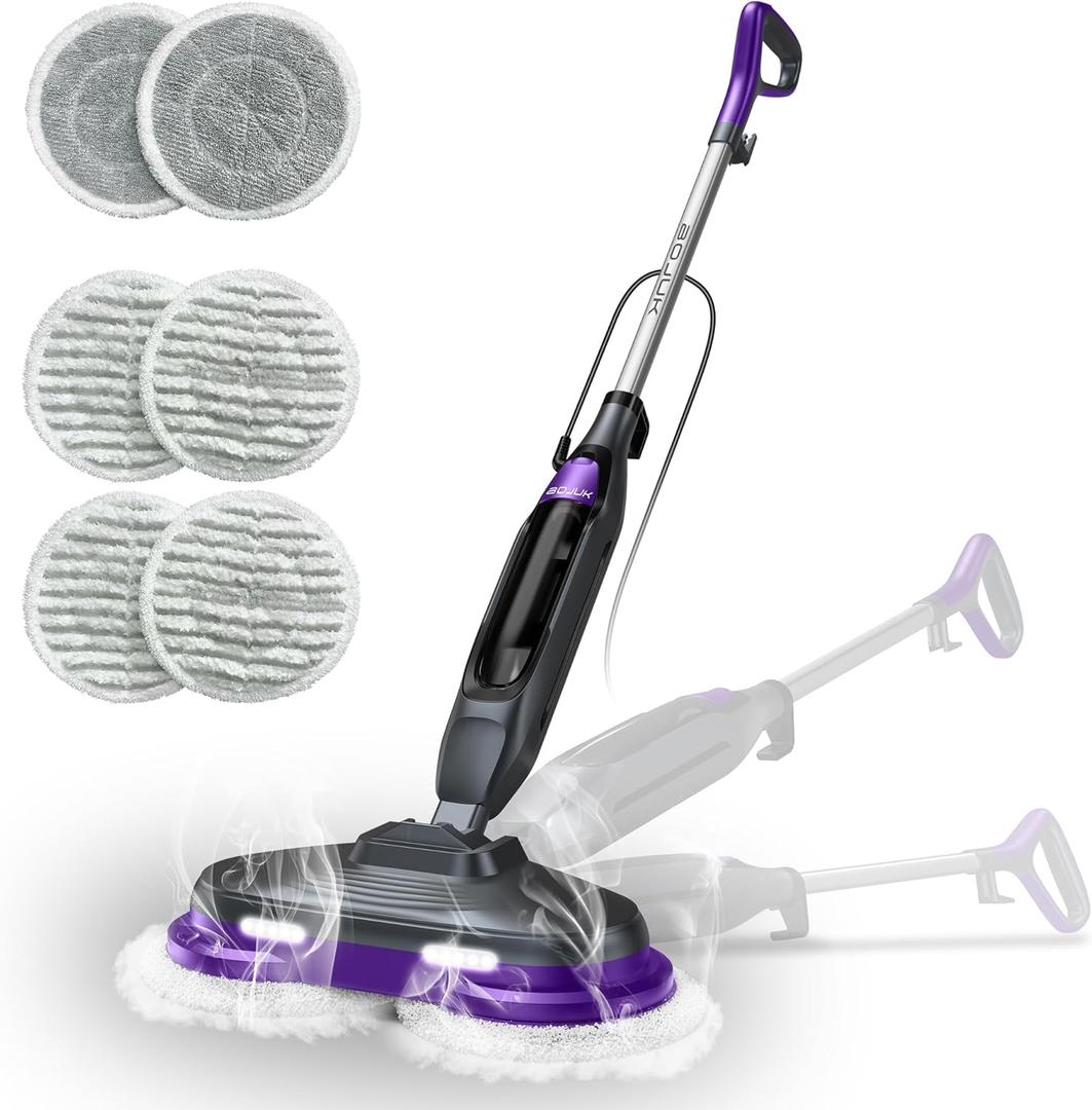 Scrub & Steam Mop with Rotating Mop Pads, LED Headlights, 6 Scrub Pads, Large Tank, Swivel Steering, Effortless Scrubbing Hard Floor Cleaner Upgraded (Black)