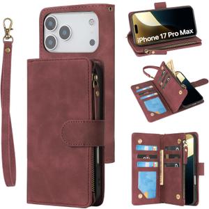 RANYOK Wallet Case Compatible with iPhone 17 Pro Max Case, with 6 Card Holder RFID Blocking, PU Leather Zipper Flip Wallet Pocket, Kickstand, Wrist Strap | Protective Phone Cover, Wine Red