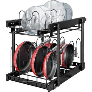 TQVAI Pots and Pans Organizer, Full-Extension Pull Out Cabinet Organizer, Slide Out Drawers for Kitchen Cabinets with Adjustable Dividers, Request at Least 15.5" W x 23.5" D x 23.5" H Opening - Black