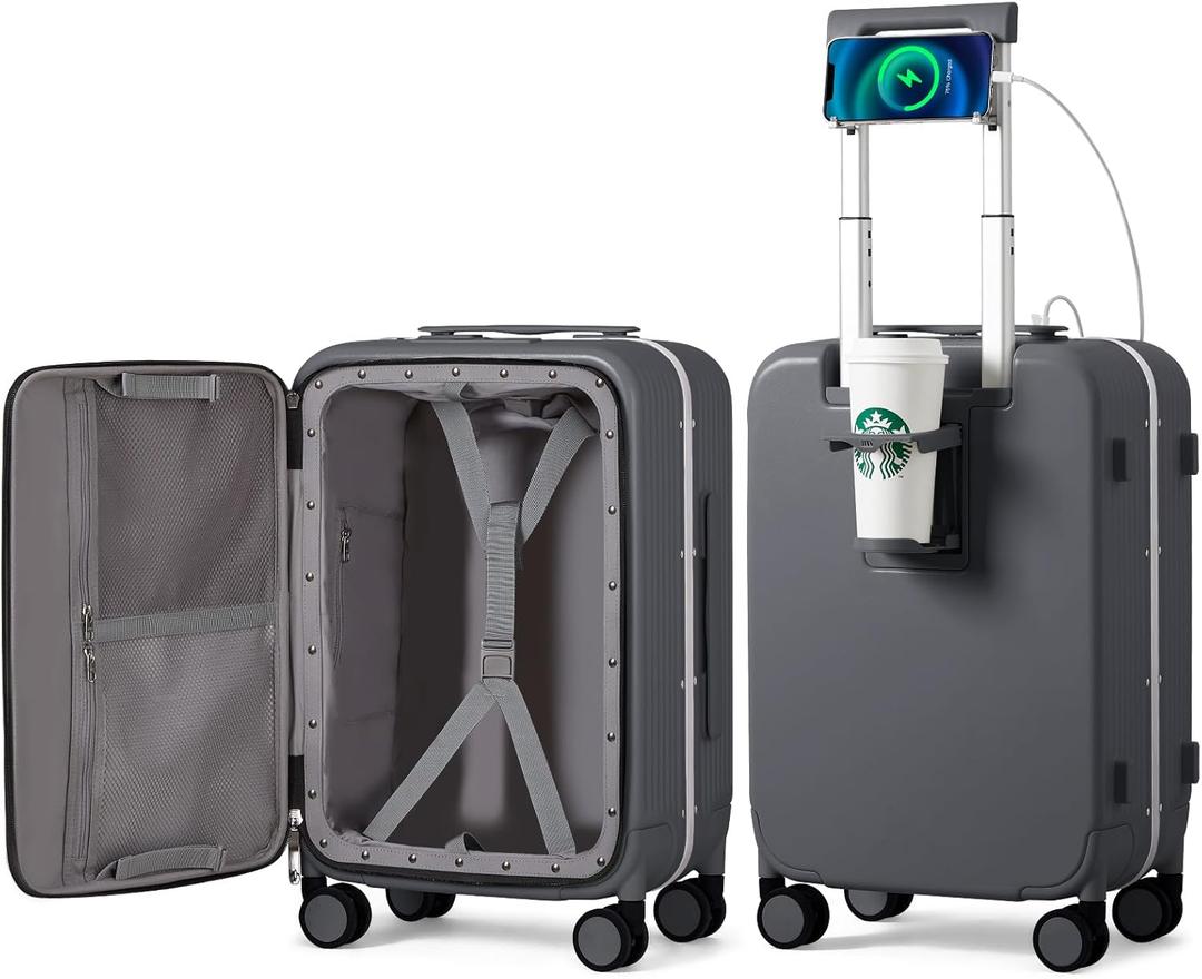 mixi Carry On Luggage with Cup Phone Holder and Charger Hard Shell Suitcases with Spinner Wheels,20 Inch Rock Gray