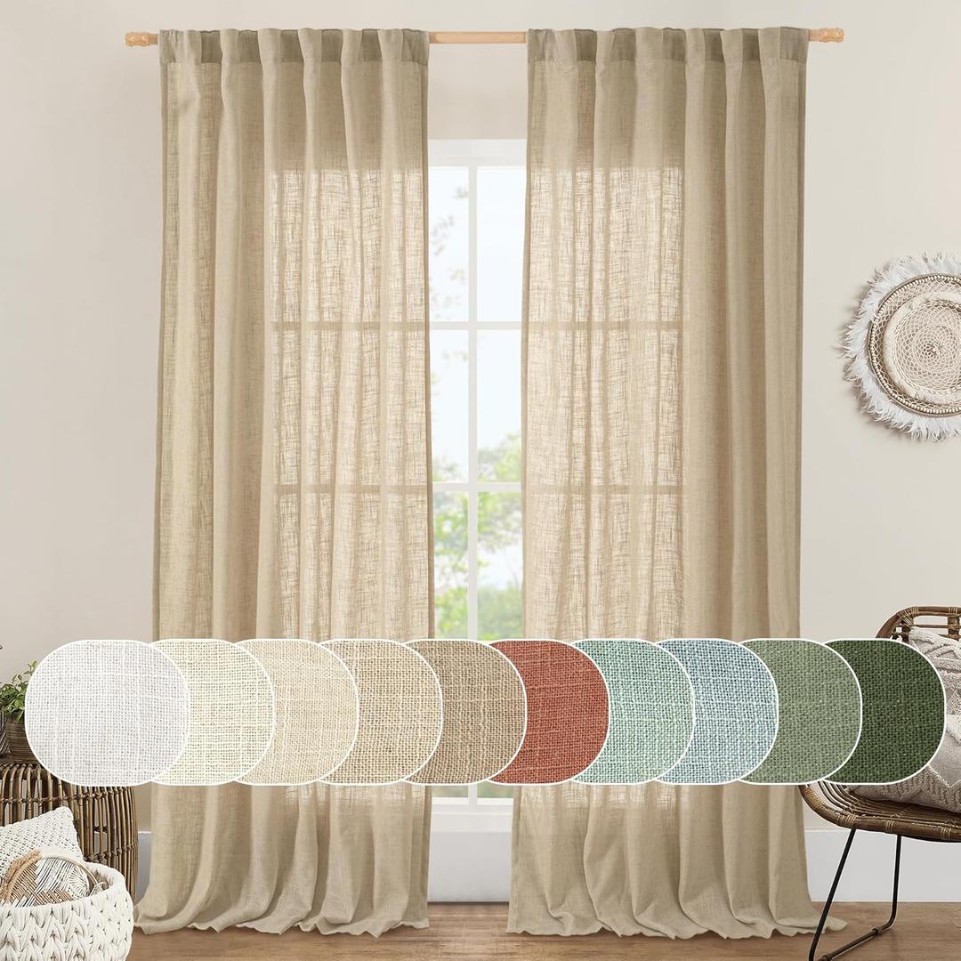 LAMIT 102 Inch Length Light Filtering Sheer Linen Curtains, Linen Textured Semi Sheer Back Tab and Rod Pocket Natural Boho Drapes for Living Room/Farmhouse, 2 Panels, Brown, 52 x 102 Inch
