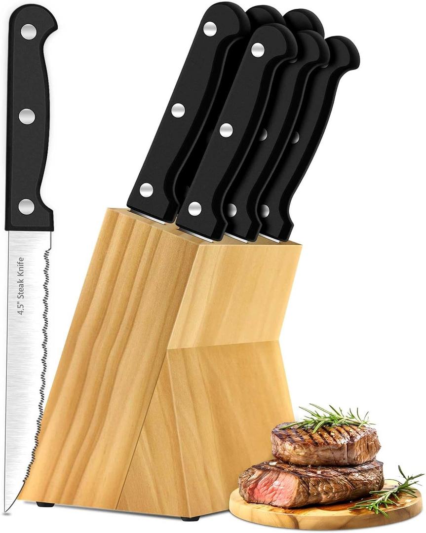 Steak Knives, 7 Pieces Steak Knife Set with Block, High Carbon Stainless Steel, Serrated Silverware Set, Black