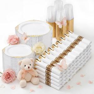 Nervure 700PCS Gold Plastic Plates - Gold Plastic Dinnerware Sets for 100 Guests - 200 Disposable Plates, 300 Silverware, 100 Cups, 100 Napkins for Wedding & Party & Mothers Day