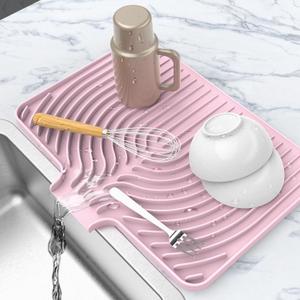 Dish Drying Matt for Kitchen Counter,10"14"18"20"Silicone Dry Rack Mat with Built in Drain, Kitchen Dry Mats for Dishes Drying Pad for Counter(18"12"Pink)