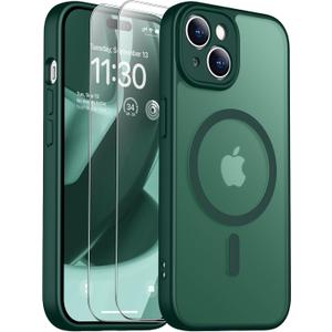 SPIDERCASE for iPhone 15 Case, Magnetic Translucent Matte Case with 2PCS Tempered Glass Screen Protector Slim Phone Case for iPhone 15 6.1'', Forest Green