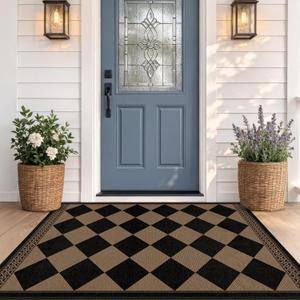 Easy Jute Indoor Outdoor Rug 3x5, Brown Black Checkered Patio Front Porch Rug Decor, Diamond Laundry Room Floor Mats, Boho Border Washable Non Slip Mat for Entryway, Kitchen, Backyard, Farmhouse Style