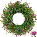 24 Inch Spring Wreaths for Front Door  Weatherproof 5-in-1 Multi-Color Farmhouse Flower Wreath with Interchangeable Extra Color Bag  Boxwood Greenery Floral Wreath for Home Dcor Outdoor Indoor