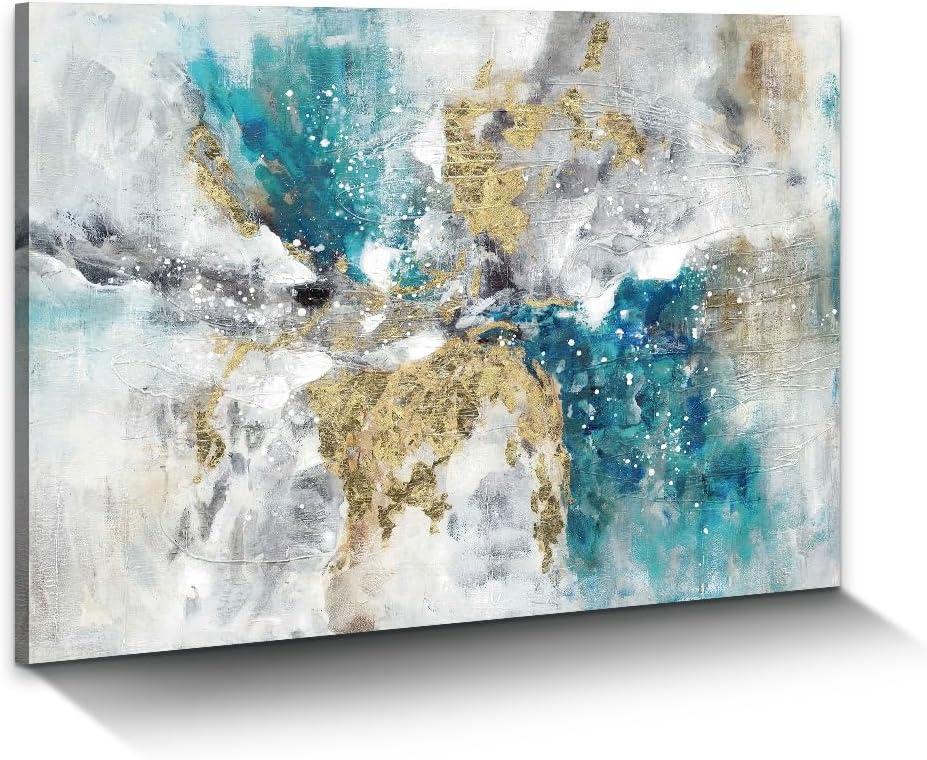 Abstract Teal Blue Canvas Wall Art: Gray White Colorful Minimalist Artwork Modern Glitter Gold Foil Painting for Bedroom (24x18)