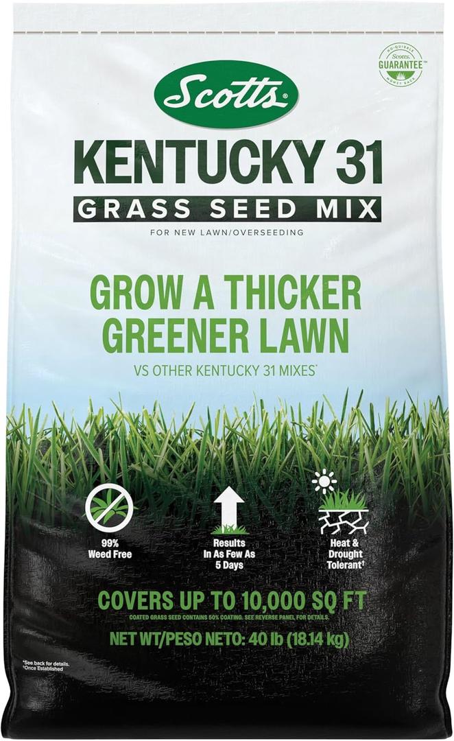 Scotts Kentucky 31 Grass Seed Mix for New Lawns or Overseeding, Grows Thicker and Greener vs. Other Kentucky 31 Mixes, Covers up to 10,000 sq. ft. (40 lb)