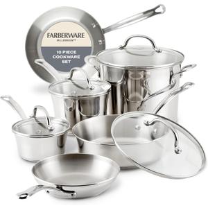 Farberware Millennium Stainless Steel Pots and Pans Set, 10-Piece, Silver