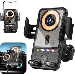 Car Phone Holder with 15W Wireless Car Charger, Car Vent Mount with Induction Opening and Closing, Air Vent Phone Stand with Horizontal and Vertical Screen Rotation Adjustment for iPhone - Black