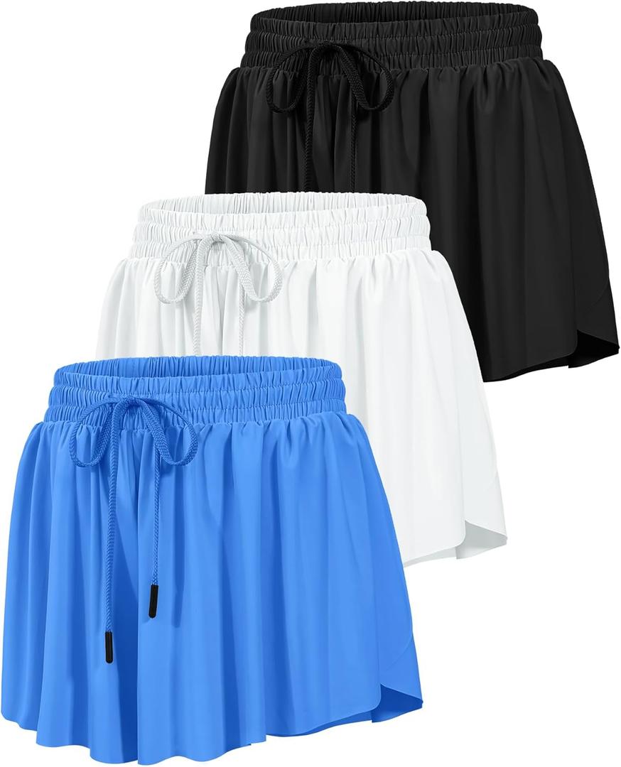 HASMES Girls Butterfly Shorts Teen Flowy Athletic Shorts for Running Dance Cheer  (11-12 Years, Black-white-royal Blue)