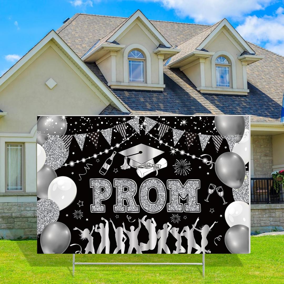 Kigeli Graduation Party Decorations 2026 Prom Yard Sign Prom Lawn Sign with Stakes for College High School Graduation Party Outdoor Photo Backdrop Decor(Silver)