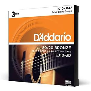 D'Addario Acoustic Guitar Strings, 80/20 Bronze, EJ10-3D, Extra Light Gauge 10-47, 6-String Set, Pack of 3
