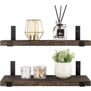 Mkono Rustic Wood Floating Shelves Wall Mounted Shelving Set of 2 Decorative Wall Storage Shelves with Lip Brackets for Bedroom, Living Room, Bathroom, Kitchen, Hallway, Office (17")