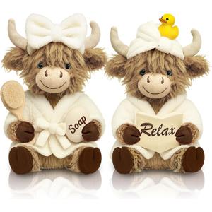 2 Pcs Bathroom Highland Cow Decor Statues - Faux Fur Animal Figurines, Farmhouse Bathroom Shelf Countertop Decor, Scottish Cattle Themed Gifts for Home Spa Housewarming & Birthday
