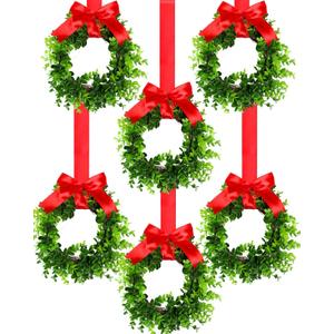 Canlierr 6 Pcs 8 Inch Christmas Kitchen Cabinet Wreaths with 31.5inch Ribbon Small Mini Christmas Wreath for Window Door Chair Wall Xmas Decoration (Fresh)