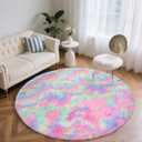 Rainbow Round Rug for Bedroom, 4Ft Fluffy Circle Area Rugs for Living Room, Shag Fuzzy Carpet for Kids Room, Nursery, Dorm, Classroom, Teen, Cute Baby Play Mat Home Decor Aesthetic