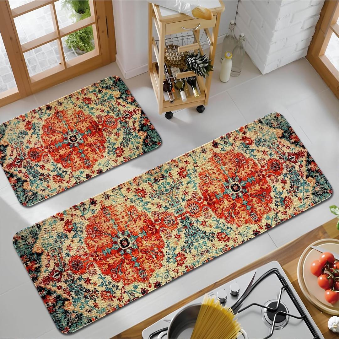 Boho Style Kitchen Mats for Floor Set of 2 Pieces Bohemian Floral Medallion Country Vintage Kitchen Rugs and Mats Non Skid Washable Kitchen Floor Mat(17" Wx30 L+17" Wx 47" L)