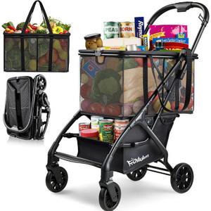 Folding Shopping Cart with Wheels, 75lbs Multi Use Grocery Carts with 360° Wheels & Removable Tote Bag, Multifunctional Portable Personal Shopping Carts for Groceries (30 Gallon)