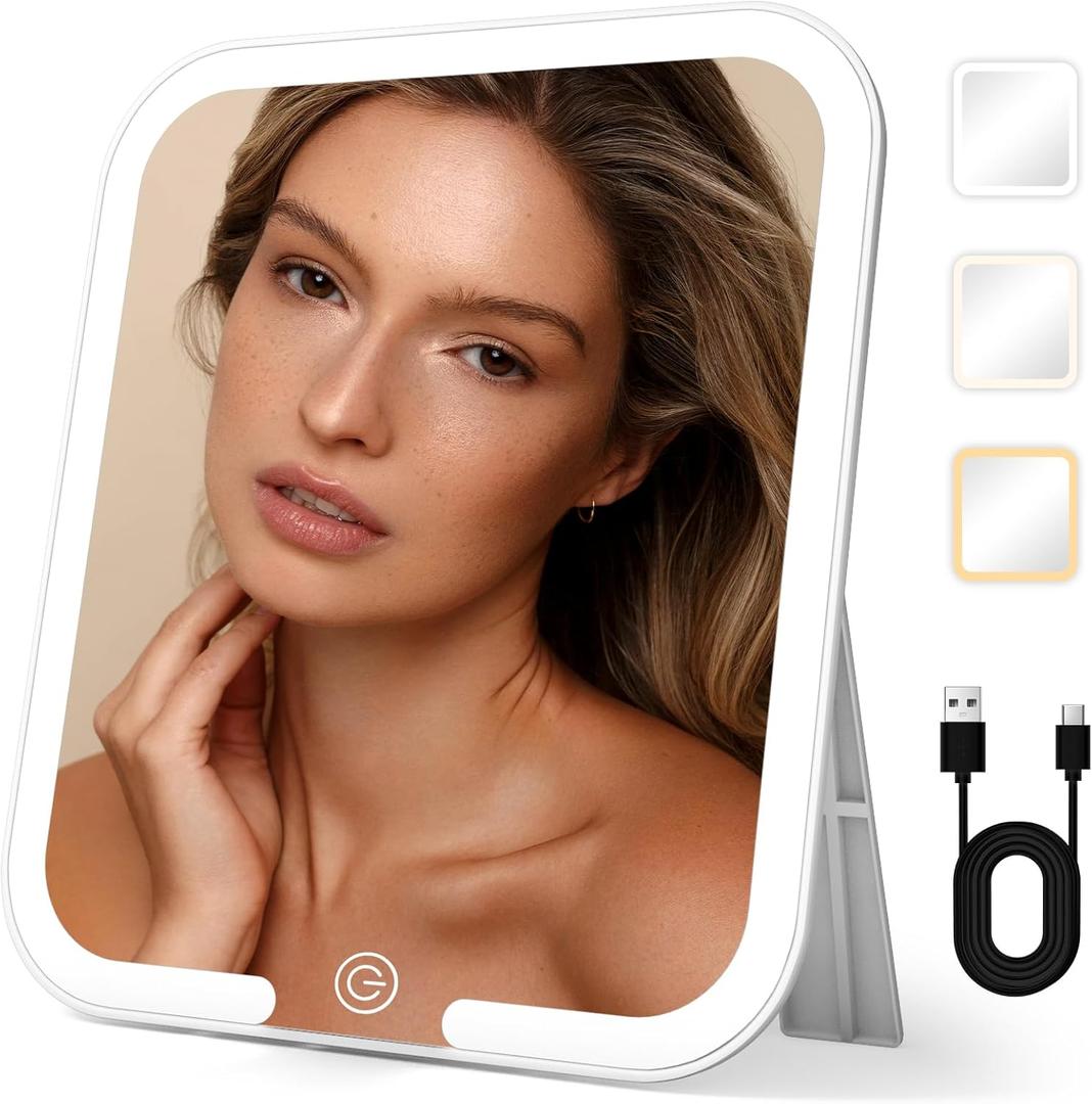 Travel Makeup Mirror with Light, Large Lighted Makeup Mirror 9.2x8inch Tabletop Vanity Mirror with Lights, Rechargeable Desktop Cosmetic Mirror with 360 Rotatable Stand, 3 Color Lights