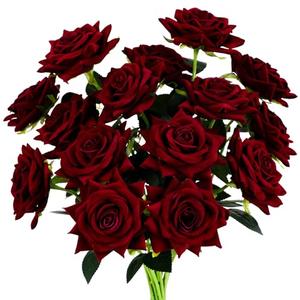 Floweroyal 15PCS Burgundy Roses, Artificial Flowers 4.33" Velvet Flowers with Long Stem Fake Roses for Mom, Wife, Anniversary Birthday Valentine's Day Gift for Women