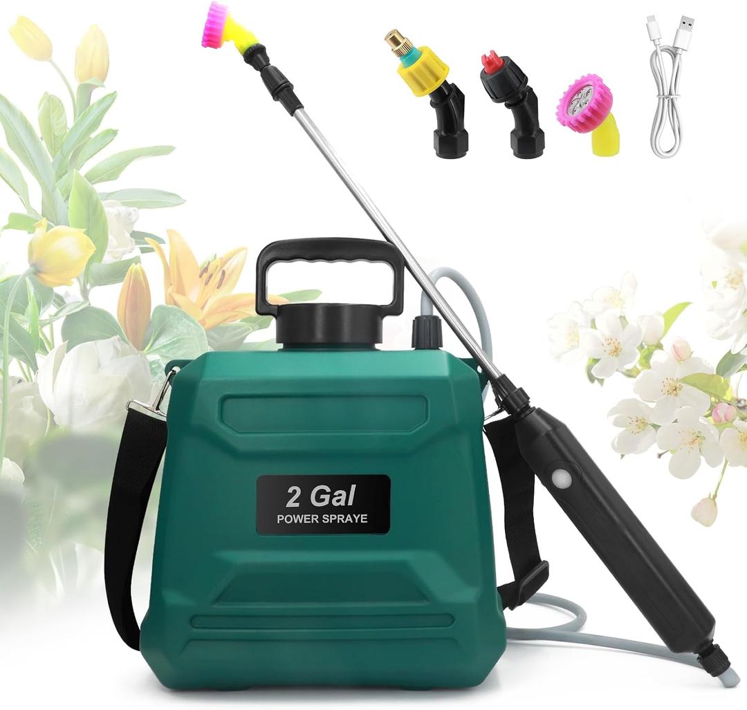 Battery Powered Sprayer 2 Gallon, Powerful Electric Garden Sprayer with 3 Mist Nozzles, USB Rechargeable Handle, Retractable Wand and Adjustable Shoulder Strap for Irrigation, Weeding(Green)