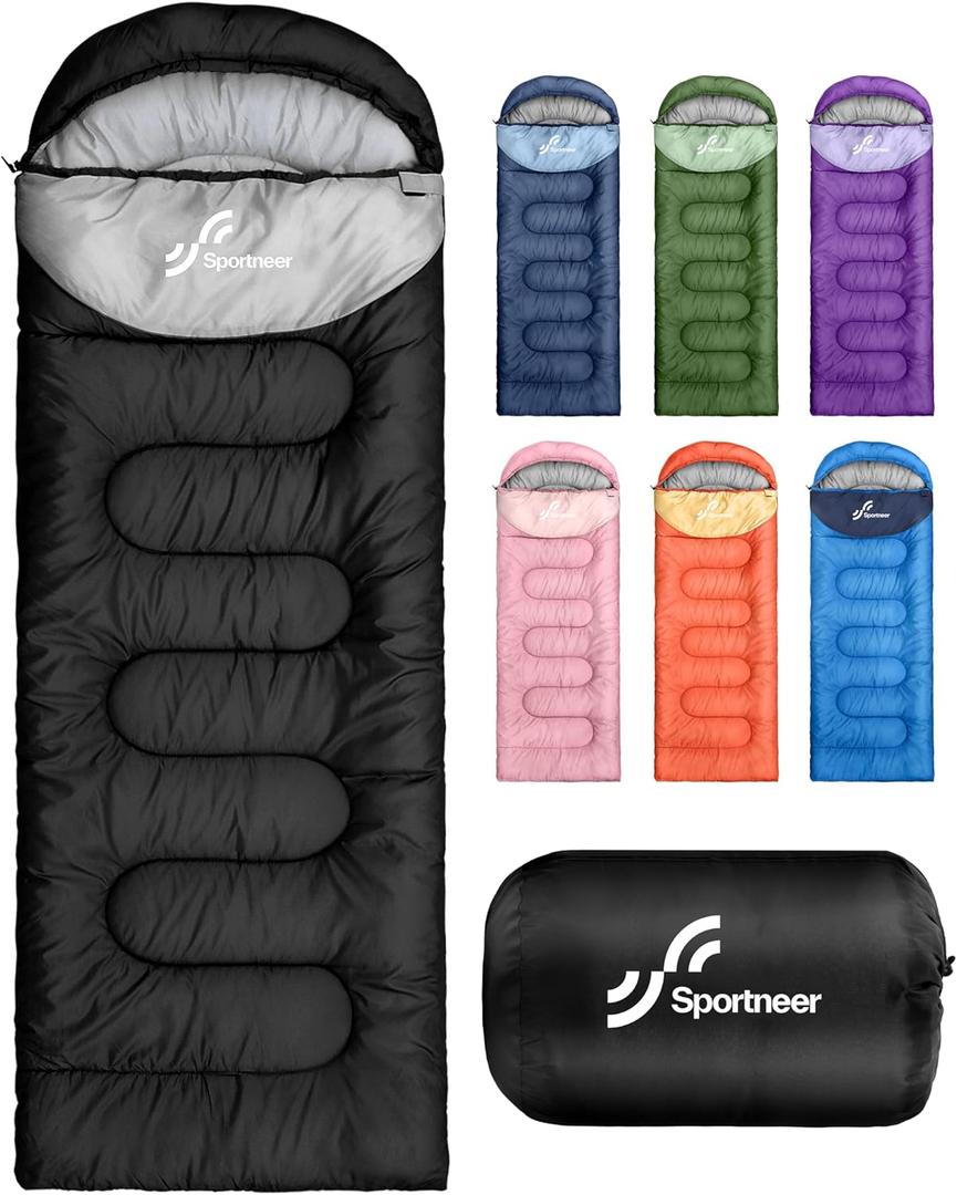 Sportneer Sleeping Bags for Adults, Warm & Cold Weather Sleeping Bag for Adults Kids Boys Girls - Lightweight Compact Camping Gear Equipment, Traveling, Backpacking, Hiking (3.3lbs, Black + Light Gray)