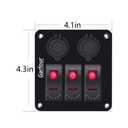 3 x Red 3 Gang Waterproof Boat Switch Panel with 3.1A USB and 12V Cigarette Lighter Socket Marine Switch Panel for Boats, Trucks, RVs