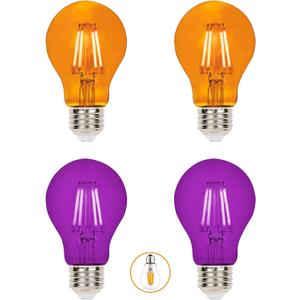 4 Pack A19 Filament LED Orange Purple Light Bulbs  E26 Base 8W 75 Watt Equivalent Vintage Decorative Lighting Orange Purple LED Bulb Party Decoration, Halloween Light Bulbs