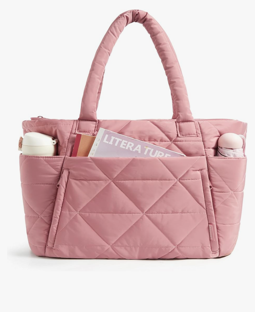 BAGSMART Tote Bag for Women, Puffy Tote Bag with Zipper, Large Quilted Shoulder Bag with Compartments for Travel, Work, Gym