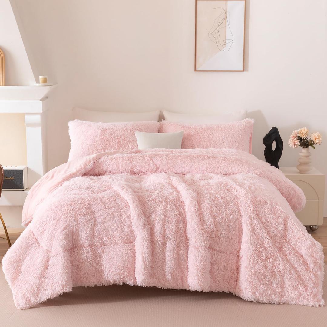 Pink Girls Queen Comforter Set 3 Pieces Faux Fur Fluffy Bedding Set Warm Plush Furry Teen Girl Bedding (Blush Pink, Queen)