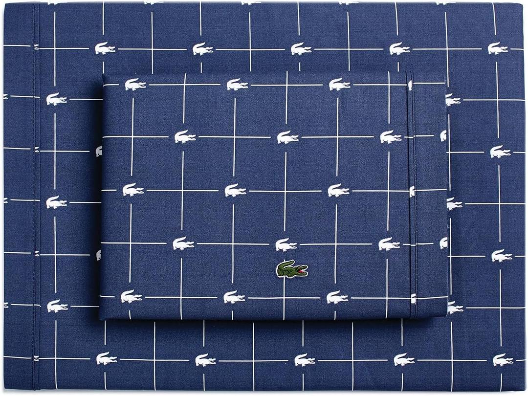 Lacoste Slice 100% Cotton Percale 3-Piece Sheet Set  Cool, Crisp, Matte, and Durable, Oeko-Tex Certified  Print, Vintage Indigo, Twin XL