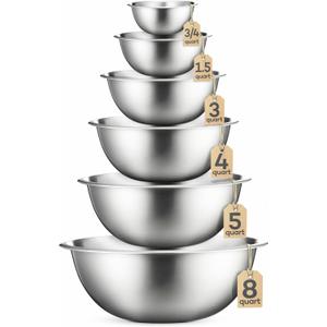 FineDine Stainless Steel Mixing Bowls Set for Kitchen, Dishwasher Safe Nesting Bowls for Cooking, Baking, Meal Prepping (6 Pack)