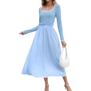 Women's Fall Ribbed Knit Two Piece Outfit Long Sleeve Top & High Waist Pleated Midi Skirt with Pockets (Blue, S)